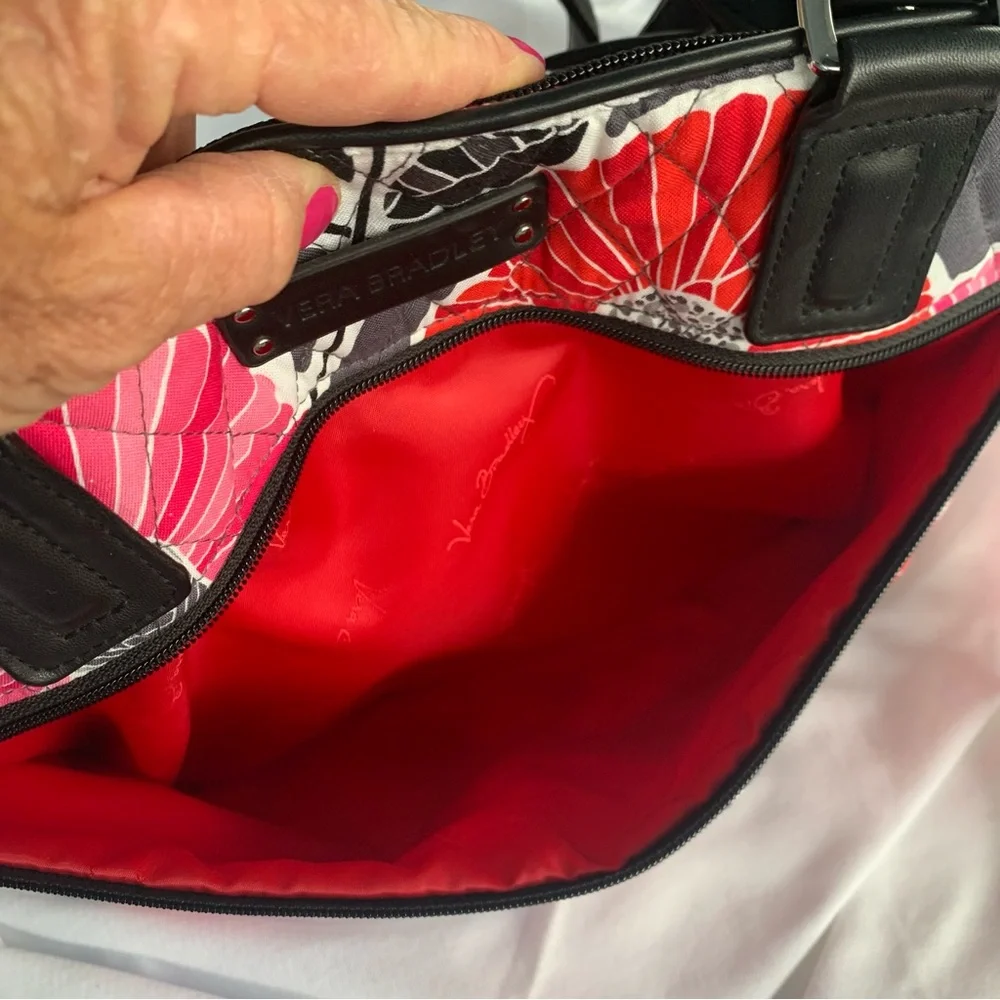 Vera Bradley Pink & Red, Gray, Black & White Floral Tote Bag w/Leather Handles - Picture 9 of 12